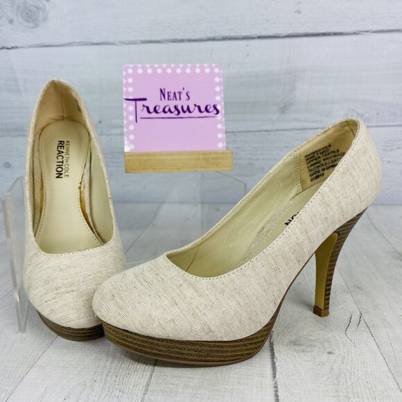 Kenneth Cole Reaction HIDDEN FILE Beige Platform Stacked High Heel Shoes Sz 7 M - Picture 2 of 14